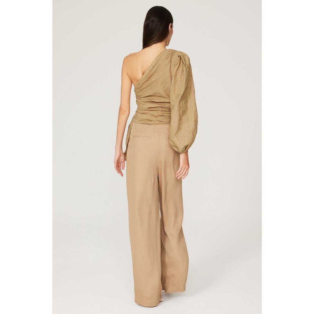 Maje Lalmeto One Sleeve Cut Out Ruched Tie Waist Tan Top Size Large - Picture 3 of 13